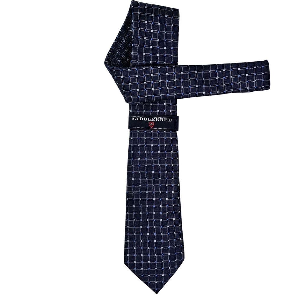 Saddlebred Necktie Navy Blue Plaid Checkered 68% Silk - Handmade